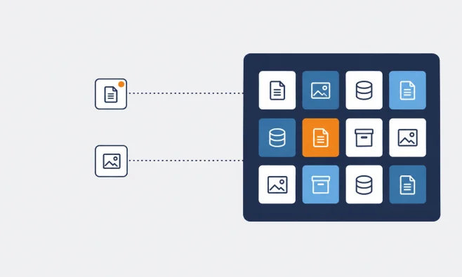 Illustration of a navy bucket holding a grid of small file tiles, with two tiles on the left being fetched from it: object storage keeps data as objects in a bucket.