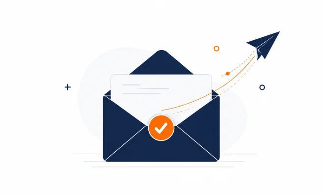 Flat navy and orange illustration of an envelope sending a transactional email, with the Cyso Cloud wordmark